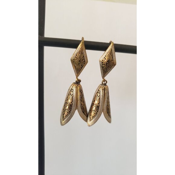 Hand Made Vintage Brass Etched Earrings Designer Earrings Stamped - Picture 2 of 10